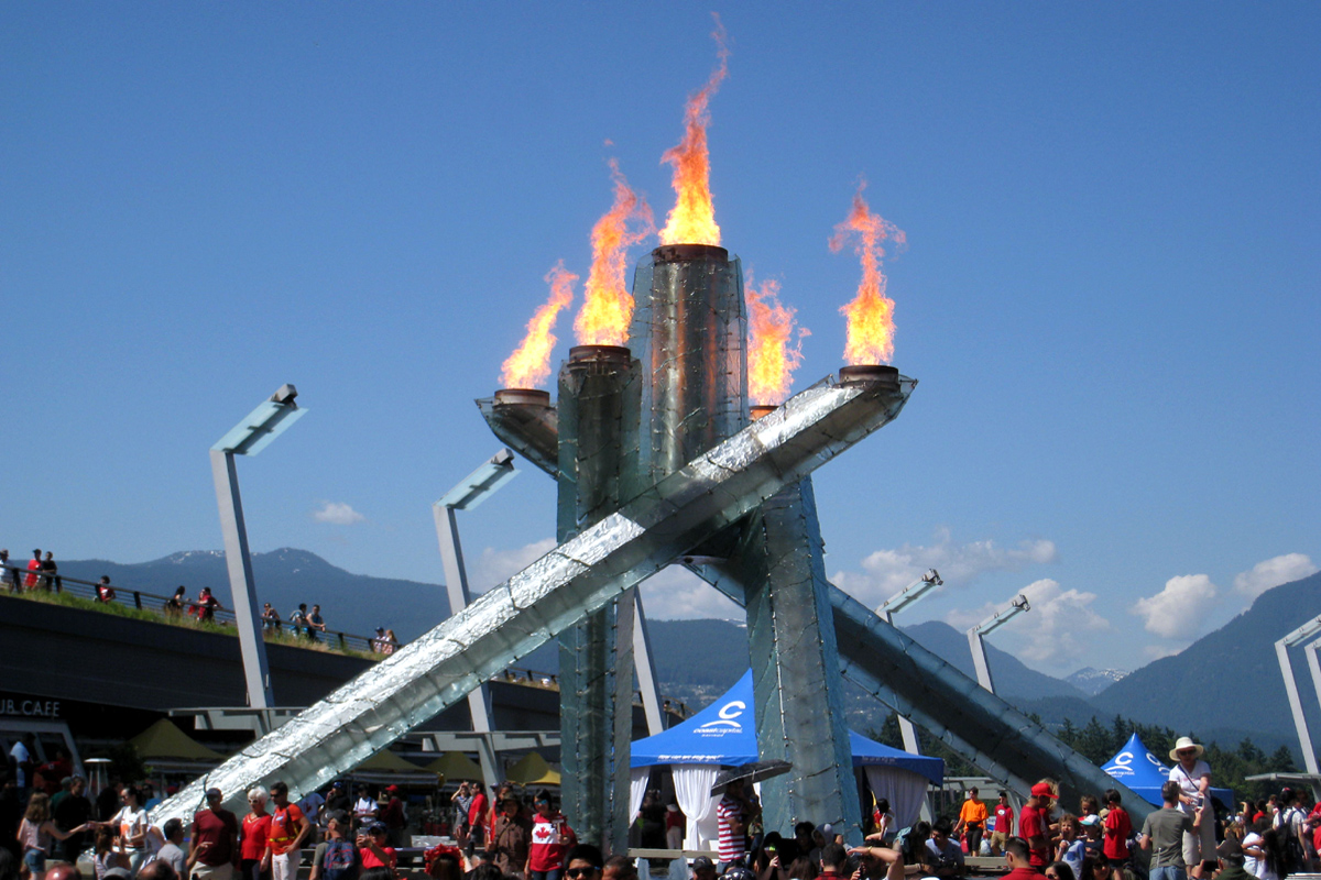 Flames are lit on the 2010 Olympics/Paralympics Cauldron on Canada Day, July 1, 2017. Jack Poole Plaza, Vancouver, British Columbia; Photo by ©Pacific Walkers